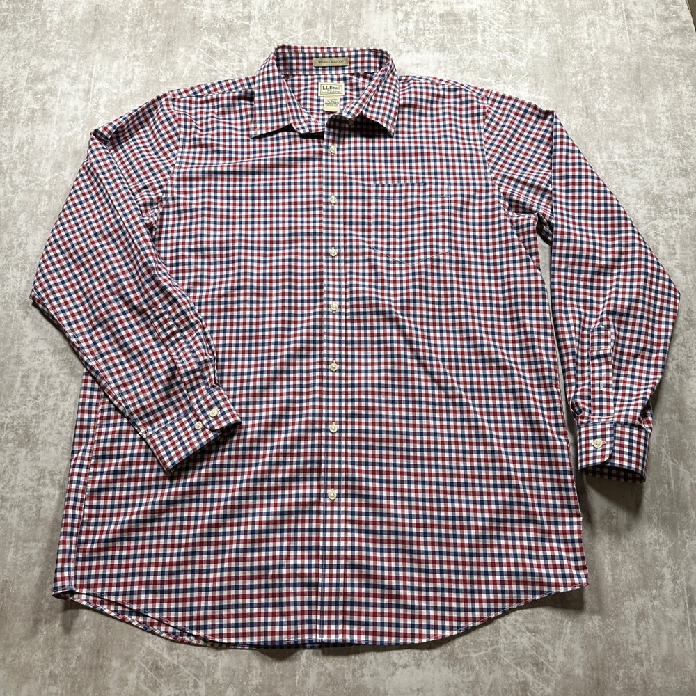 LL Bean Button Down Shirt Mens XL Tall Red Blue Gingham Wrinkle Resistant 275579